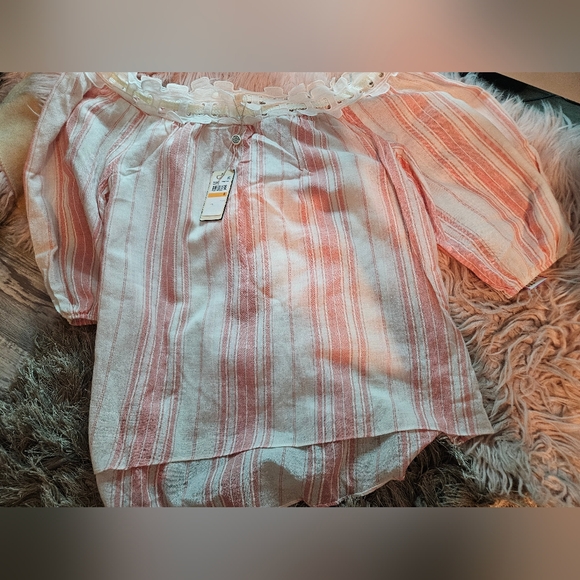 Max Studio London Cream Pink Cotton Stripped  Off the Shoulders Blouse S - Picture 2 of 4